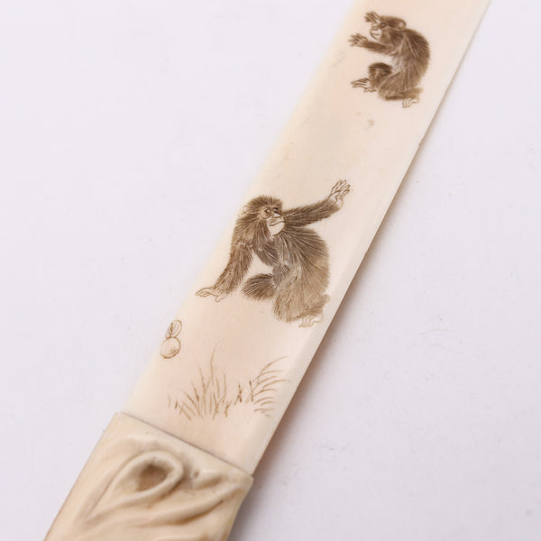 JAPAN 1900 Meiji Letter Opener Carved In Ivory With Monkeys