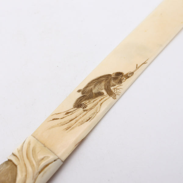 JAPAN 1900 Meiji Letter Opener Carved In Ivory With Monkeys