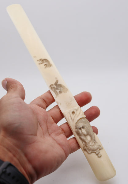 JAPAN 1900 Meiji Letter Opener Carved In Ivory With Monkeys