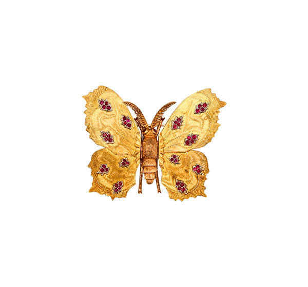 -Mario Buccellati 1970 Milan Butterfly Brooch In 18Kt Yellow Gold With Red Rubies