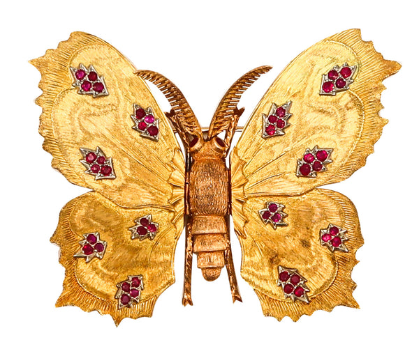 -Mario Buccellati 1970 Milan Butterfly Brooch In 18Kt Yellow Gold With Red Rubies