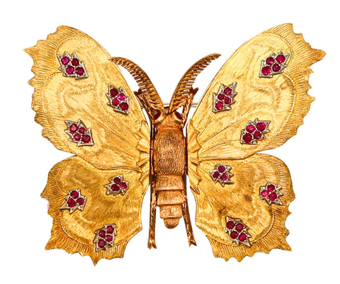 -Mario Buccellati 1970 Milan Butterfly Brooch In 18Kt Yellow Gold With Red Rubies