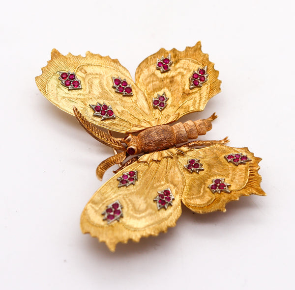 -Mario Buccellati 1970 Milan Butterfly Brooch In 18Kt Yellow Gold With Red Rubies