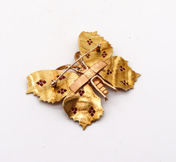 -Mario Buccellati 1970 Milan Butterfly Brooch In 18Kt Yellow Gold With Red Rubies