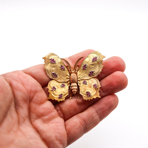 -Mario Buccellati 1970 Milan Butterfly Brooch In 18Kt Yellow Gold With Red Rubies