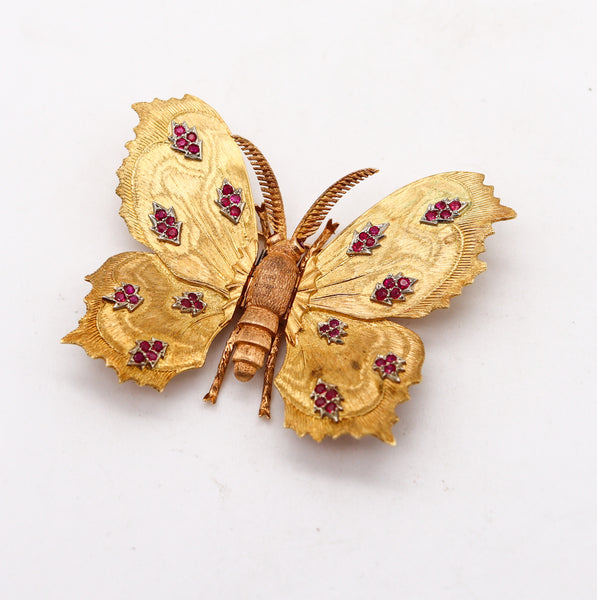 -Mario Buccellati 1970 Milan Butterfly Brooch In 18Kt Yellow Gold With Red Rubies