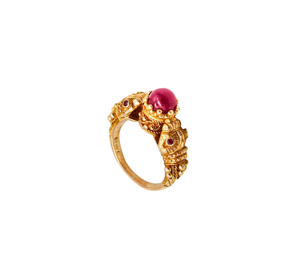 -Lalaounis 1970 Double Chimeras Ring In 18Kt Yellow Gold With 1.96 Ctw In Rubies