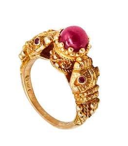 -Lalaounis 1970 Double Chimeras Ring In 18Kt Yellow Gold With 1.96 Ctw In Rubies