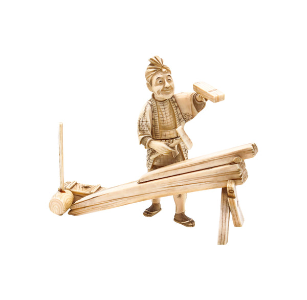 JAPAN 1890 Meiji Okimono Sculpture of a Carpenter Carved In Ivory