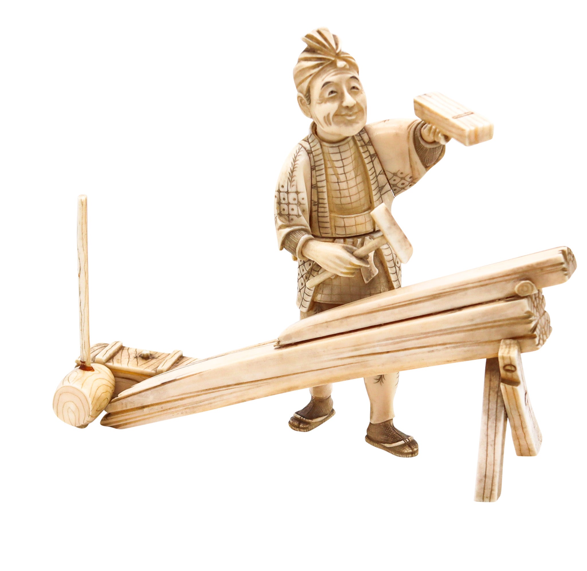 JAPAN 1890 Meiji Okimono Sculpture of a Carpenter Carved In Ivory