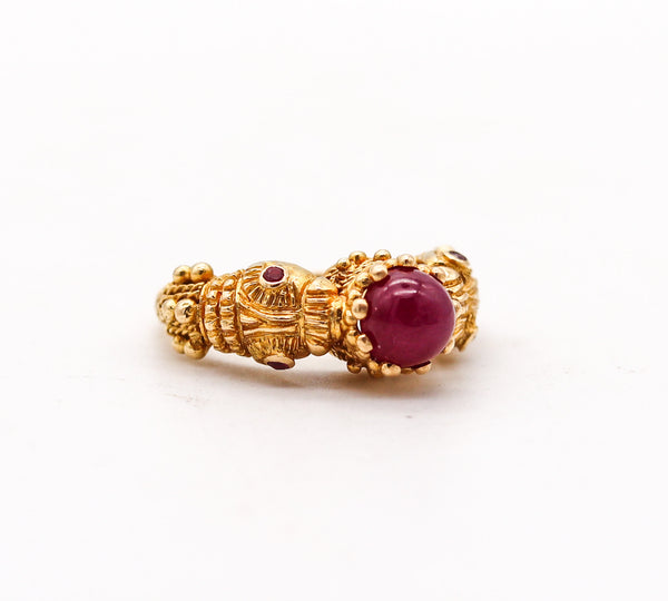 -Lalaounis 1970 Double Chimeras Ring In 18Kt Yellow Gold With 1.96 Ctw In Rubies