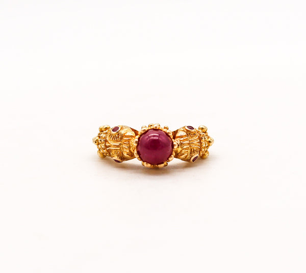 -Lalaounis 1970 Double Chimeras Ring In 18Kt Yellow Gold With 1.96 Ctw In Rubies