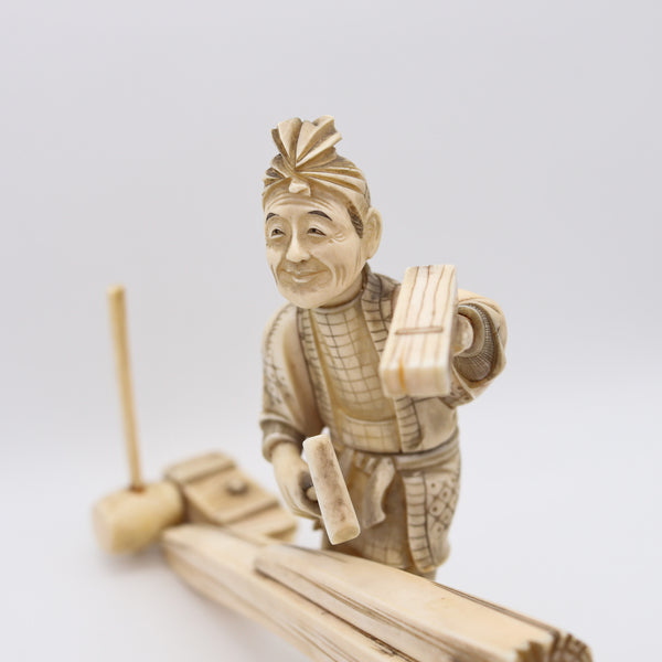 JAPAN 1890 Meiji Okimono Sculpture of a Carpenter Carved In Ivory