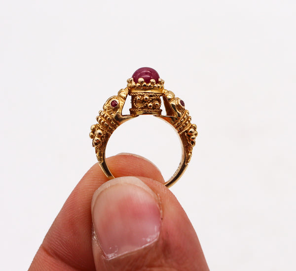 -Lalaounis 1970 Double Chimeras Ring In 18Kt Yellow Gold With 1.96 Ctw In Rubies