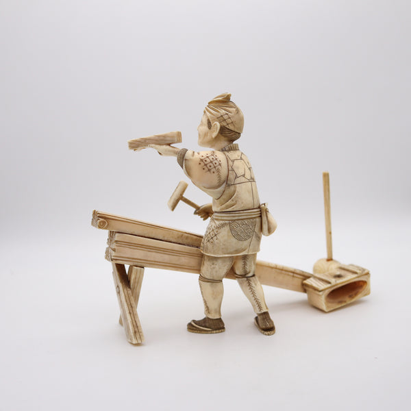 JAPAN 1890 Meiji Okimono Sculpture of a Carpenter Carved In Ivory