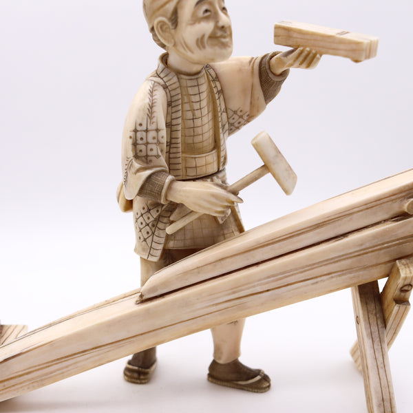 JAPAN 1890 Meiji Okimono Sculpture of a Carpenter Carved In Ivory