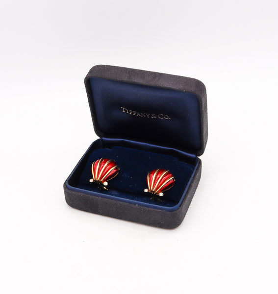 -Tiffany & Co. 1970 Schlumberger Enameled Earrings In 18Kt Gold With Diamonds