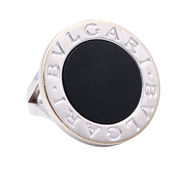 BVLGARI Milano Signature Cocktail Ring In 18Kt White Gold With Round Onyx