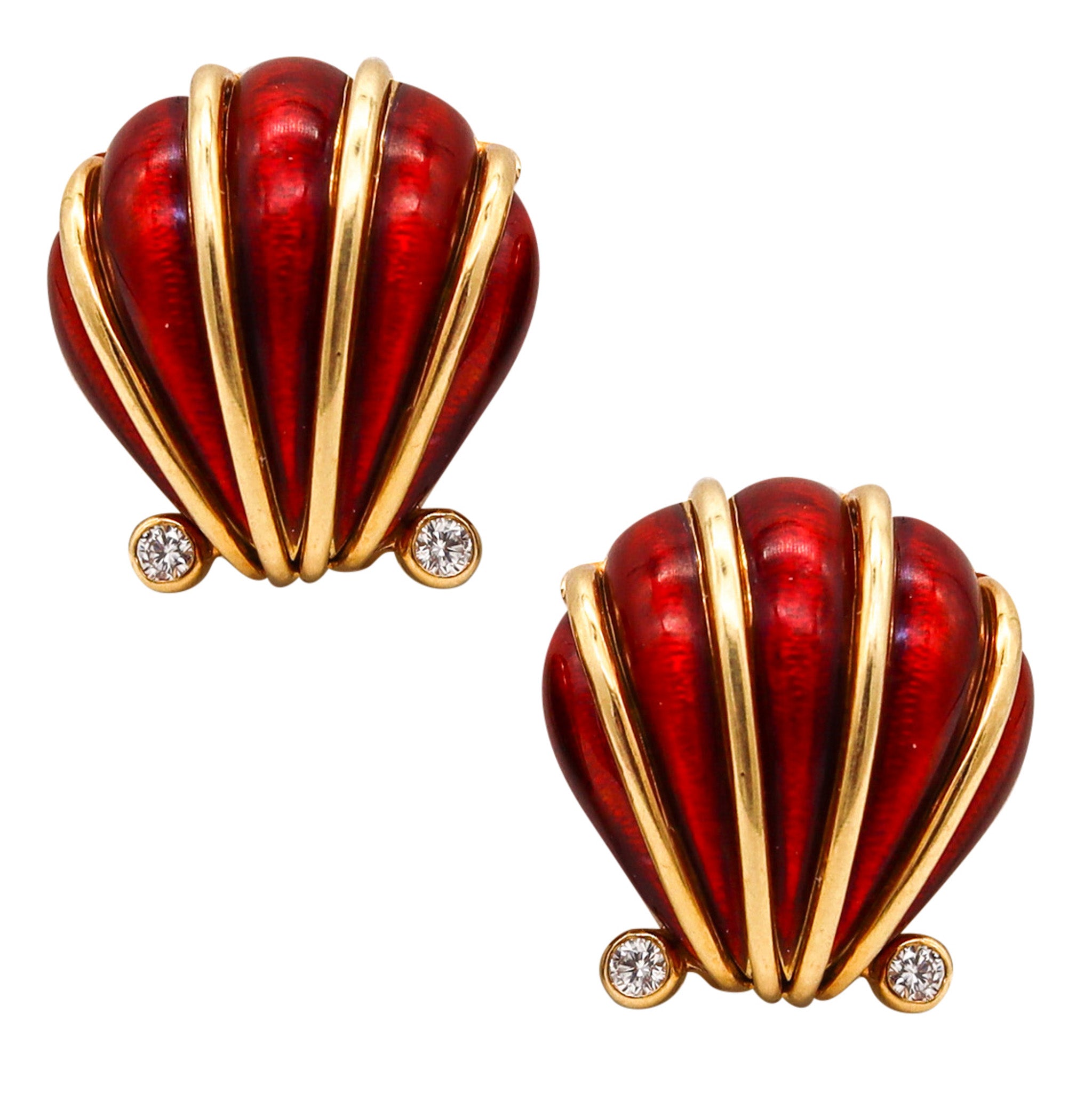 -Tiffany & Co. 1970 Schlumberger Enameled Earrings In 18Kt Gold With Diamonds
