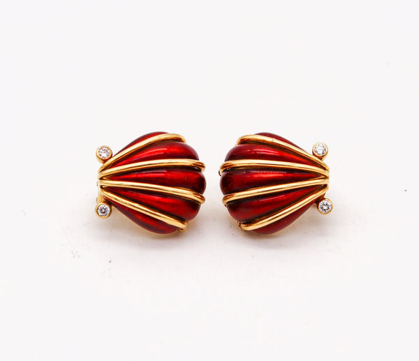 -Tiffany & Co. 1970 Schlumberger Enameled Earrings In 18Kt Gold With Diamonds