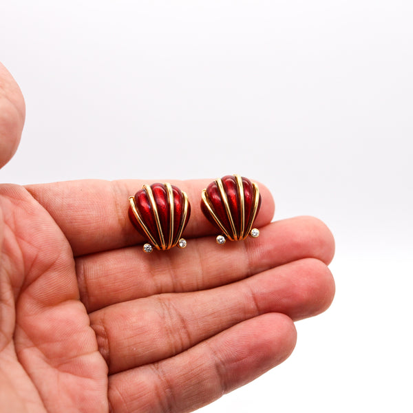 -Tiffany & Co. 1970 Schlumberger Enameled Earrings In 18Kt Gold With Diamonds