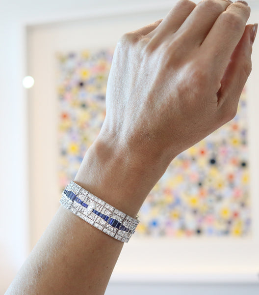 CARTIER 1930 Art-Deco Bracelet In Platinum With Diamonds & Sapphires In Box