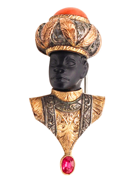 VENETIAN 1940 Carved Ebony Prince Brooch In 18Kt Gold With Coral And Ruby