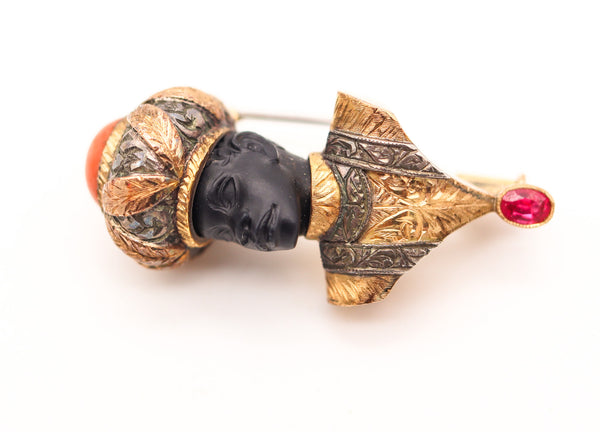 VENETIAN 1940 Carved Ebony Prince Brooch In 18Kt Gold With Coral And Ruby