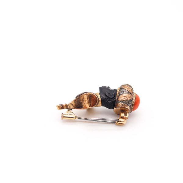 VENETIAN 1940 Carved Ebony Prince Brooch In 18Kt Gold With Coral And Ruby