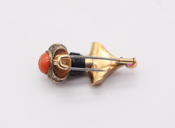 VENETIAN 1940 Carved Ebony Prince Brooch In 18Kt Gold With Coral And Ruby