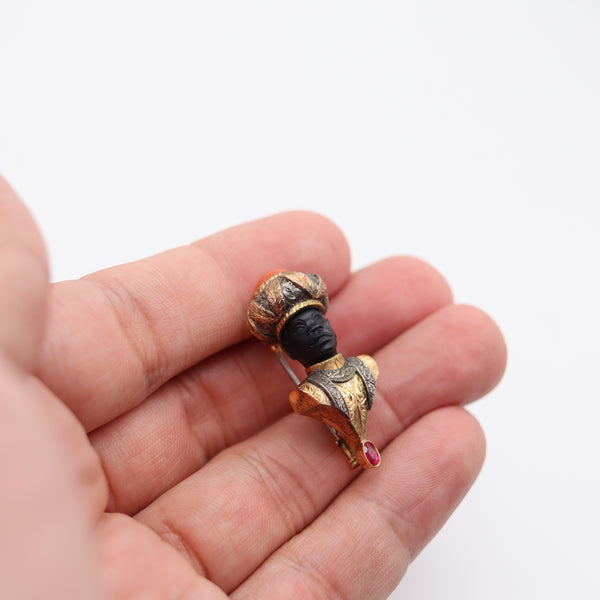 VENETIAN 1940 Carved Ebony Prince Brooch In 18Kt Gold With Coral And Ruby