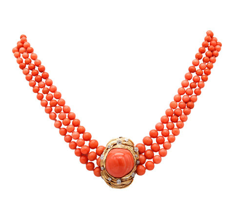 -David Webb 1960 Graduated Coral Necklace In 18Kt Yellow Gold With Diamonds