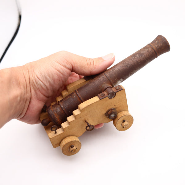 NAVAL CANNON 18th Century Miniature Desk Accessory In Wood And Iron