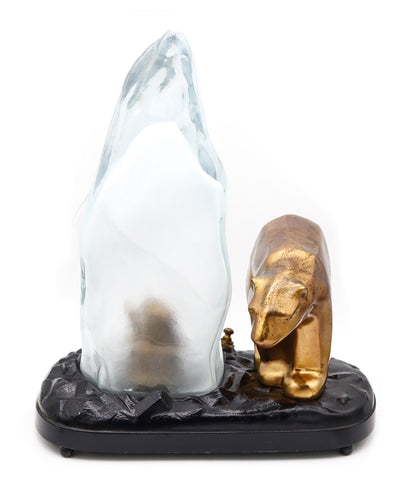 RONSON Art Deco 1920 Polar Bear And Iceberg Desk Lamp In Bronze and Art-Glass