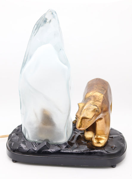 RONSON Art Deco 1920 Polar Bear And Iceberg Desk Lamp In Bronze and Art-Glass
