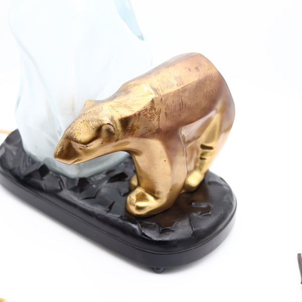 RONSON Art Deco 1920 Polar Bear And Iceberg Desk Lamp In Bronze and Art-Glass