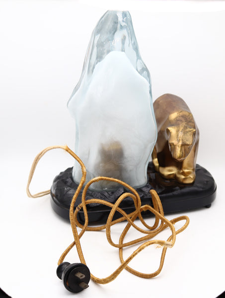 RONSON Art Deco 1920 Polar Bear And Iceberg Desk Lamp In Bronze and Art-Glass