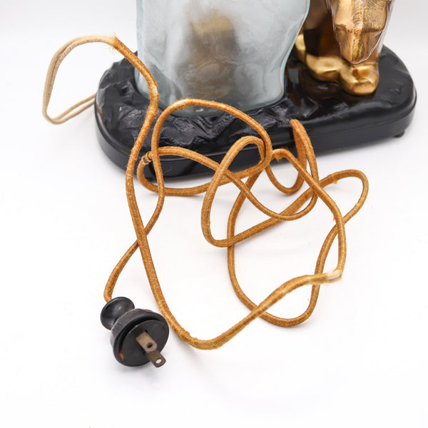 RONSON Art Deco 1920 Polar Bear And Iceberg Desk Lamp In Bronze and Art-Glass