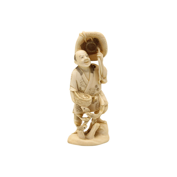 JAPAN 1895 Meiji Okimono Sculpture of a Daikoku Carved In Ivory