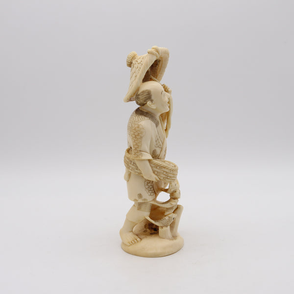 JAPAN 1895 Meiji Okimono Sculpture of a Daikoku Carved In Ivory