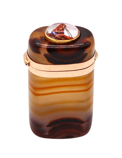 -Austrian 1900 Vienna Agate Vesta Box In 18Kt Yellow Gold With Carved Essex Glass