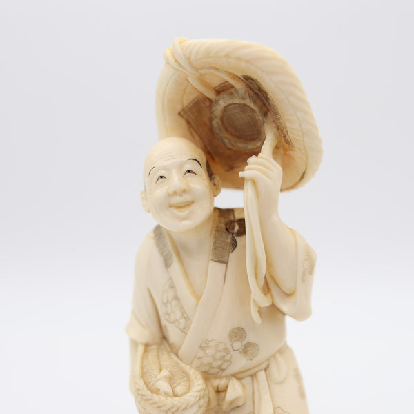 JAPAN 1895 Meiji Okimono Sculpture of a Daikoku Carved In Ivory