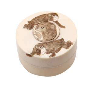 JAPAN Meiji 1900 Round Box With Lid Carved In Ivory With Three Monkeys