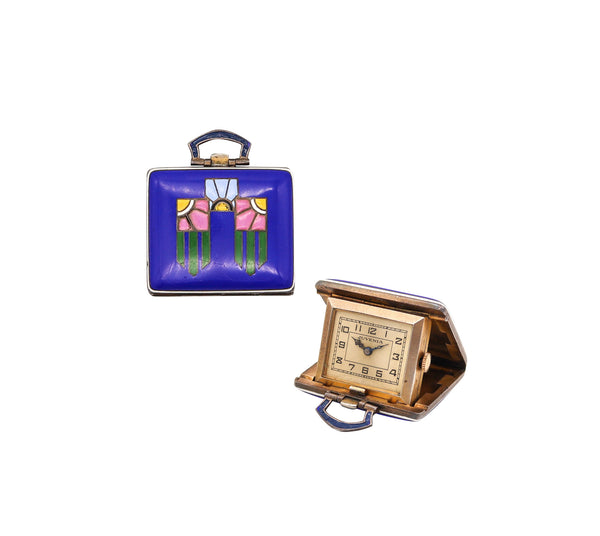 -Juvenia 1925 Swiss Art Deco Enameled Travel Purse Clock In .925 Sterling Silver