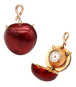 -Swiss 1915 Enamel Cherry Shaped Miniature Pendant Watch In 18Kt Gold Bezel Wind