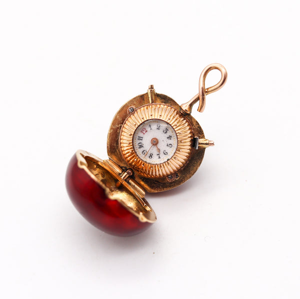 -Swiss 1915 Enamel Cherry Shaped Miniature Pendant Watch In 18Kt Gold Bezel Wind