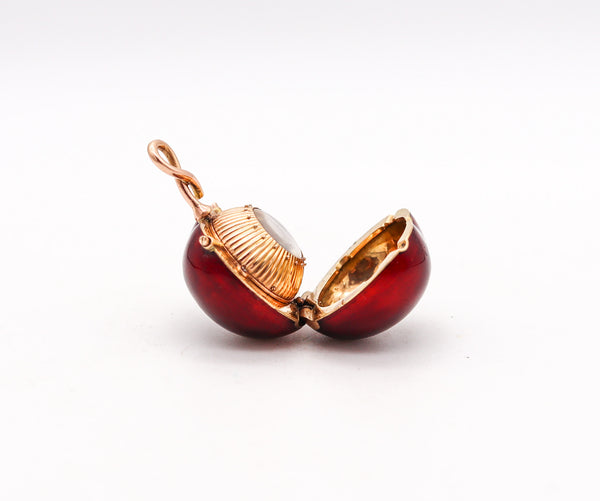 -Swiss 1915 Enamel Cherry Shaped Miniature Pendant Watch In 18Kt Gold Bezel Wind