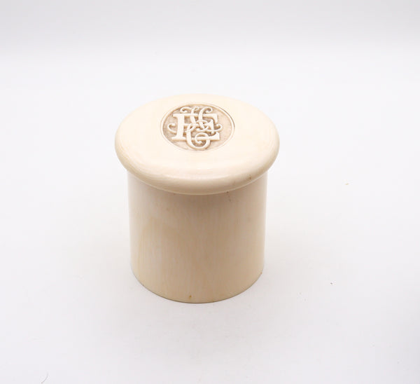 EDWARDIAN 1900 British Round Tall Box Carved In Ivory