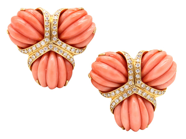 VALENTIN MAGRO Clips On Earrings In 18Kt Gold Fluted Corals & VS Diamonds