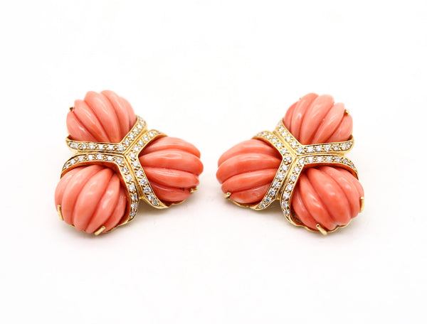 VALENTIN MAGRO Clips On Earrings In 18Kt Gold Fluted Corals & VS Diamonds